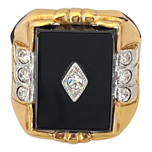 Vintage Ring Genuine Black Onyx 14K Gold Plate Mid Century Cocktail Art Deco - Picture 4 of 6